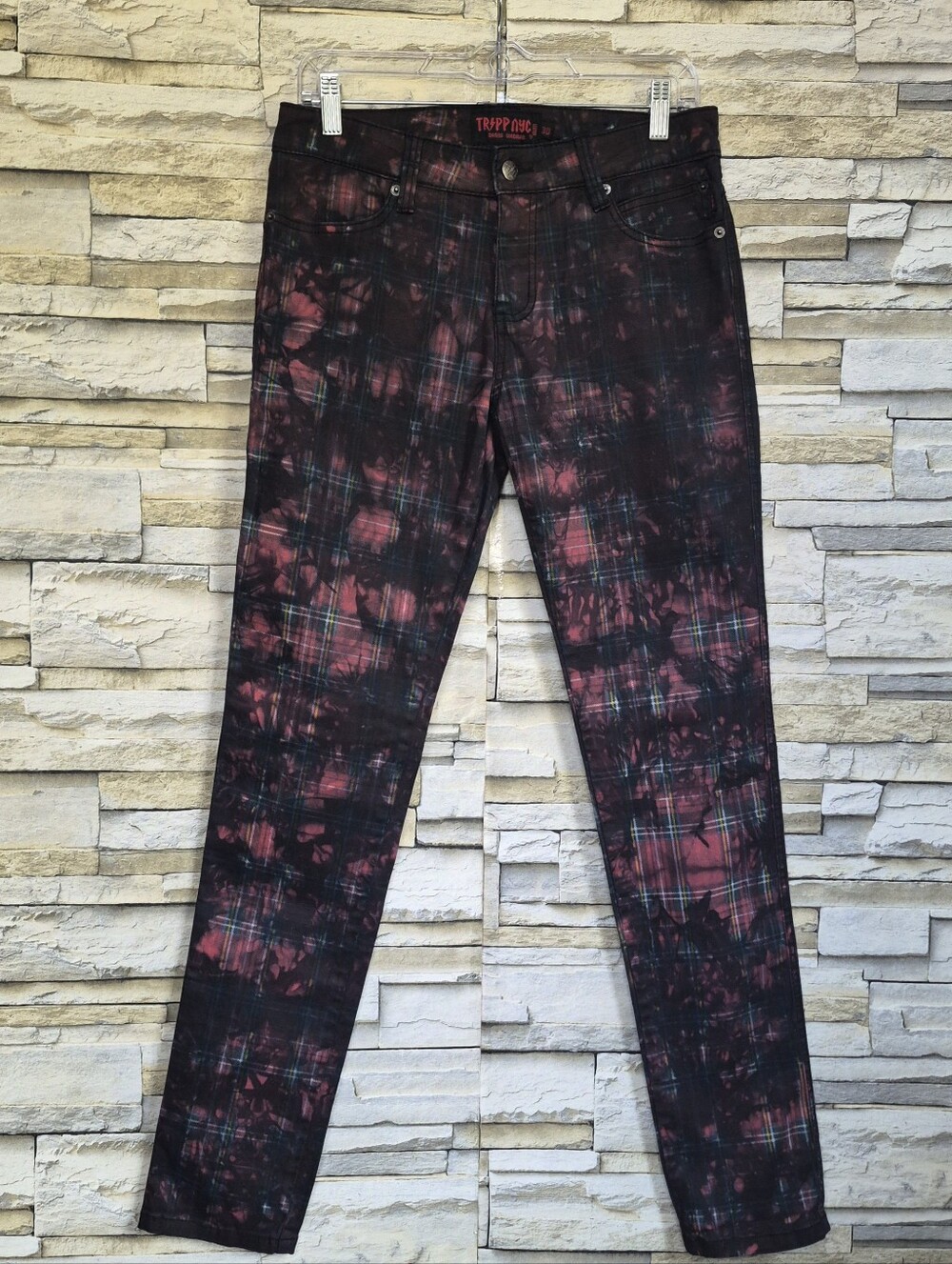 ​Tripp NYC Pants Unisex Size 30 Red Black Plaid Tie-Dye Punk Goth Grunge